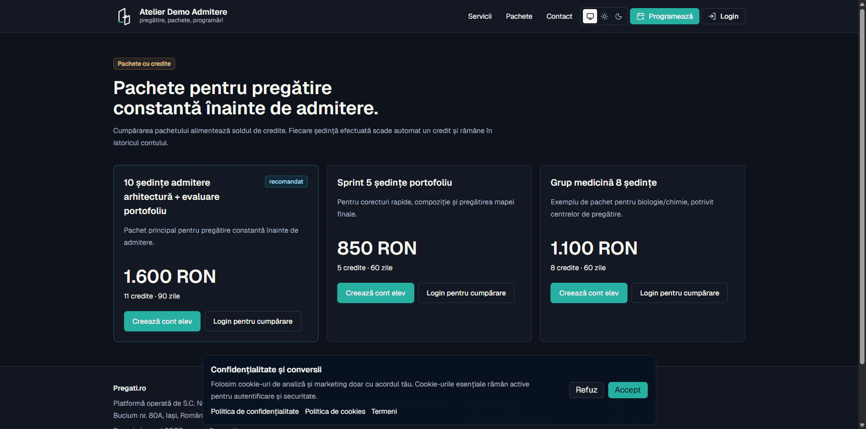 Pachete și programări pentru meditații în portalul public